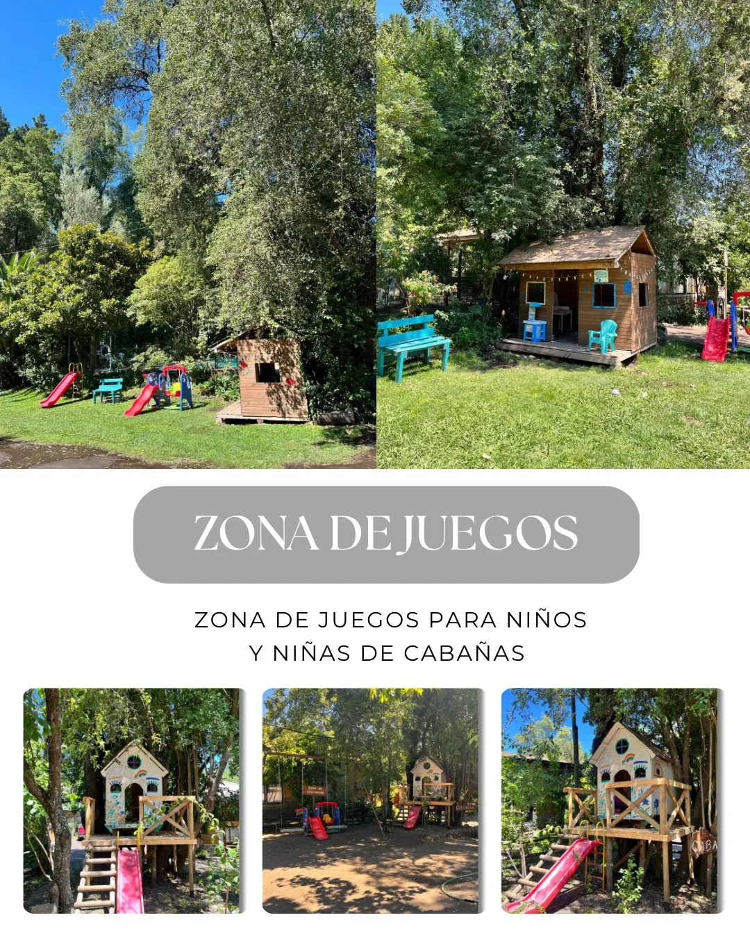 Zona de juegos infantiles de Los Arcos con casas de madera y toboganes entre árboles