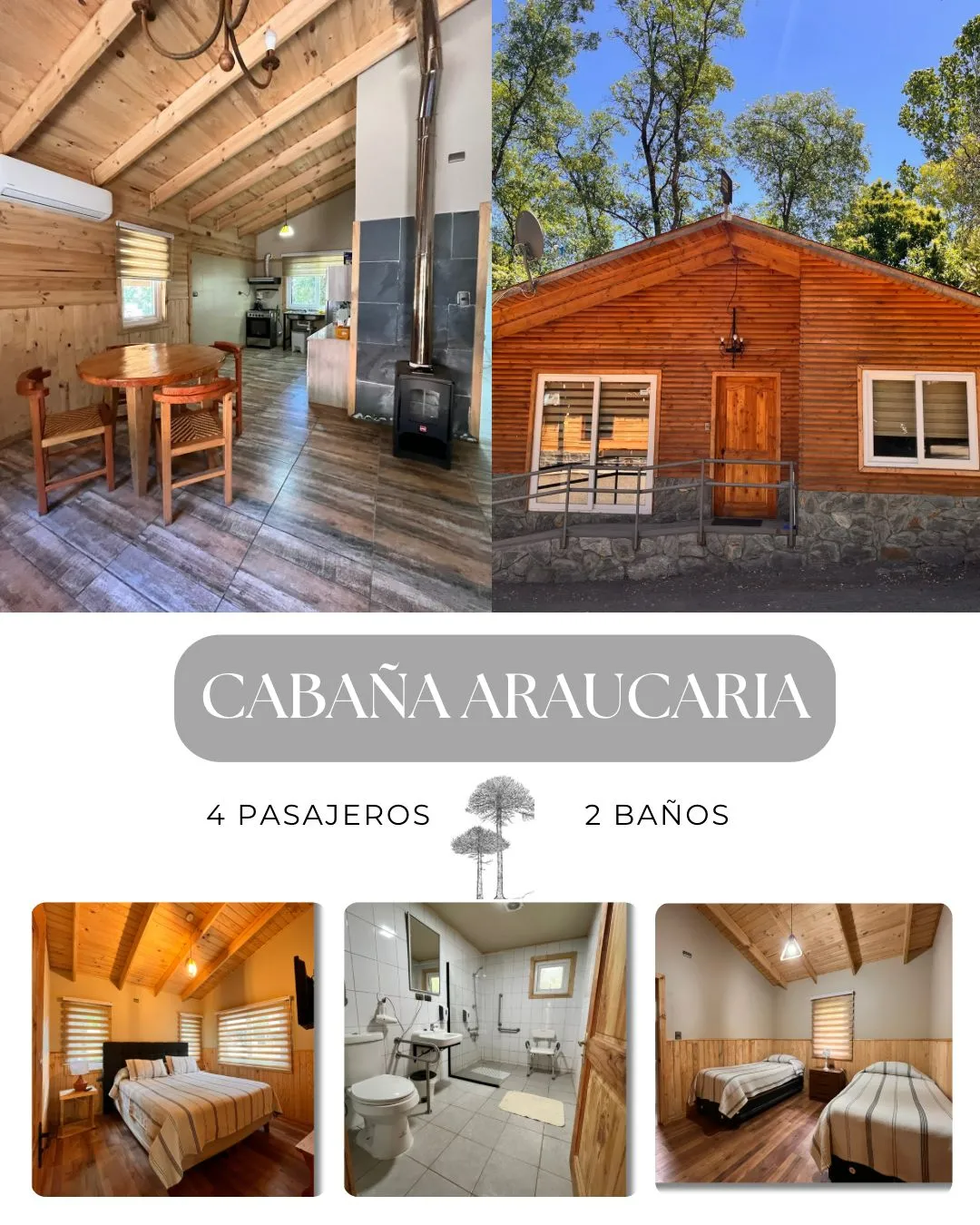 Cabaña Araucaria de Los Arcos exterior de madera y interior moderno con 2 baños