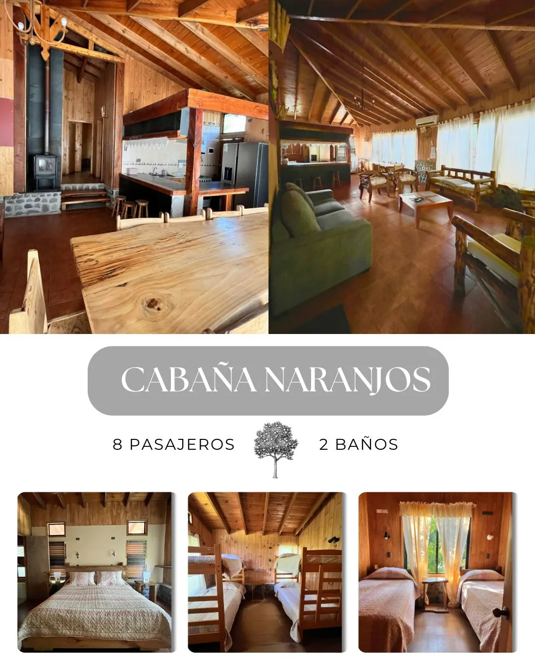 Cabaña Naranjos interior amplio con living, cocina abierta y mesa de madera nativa