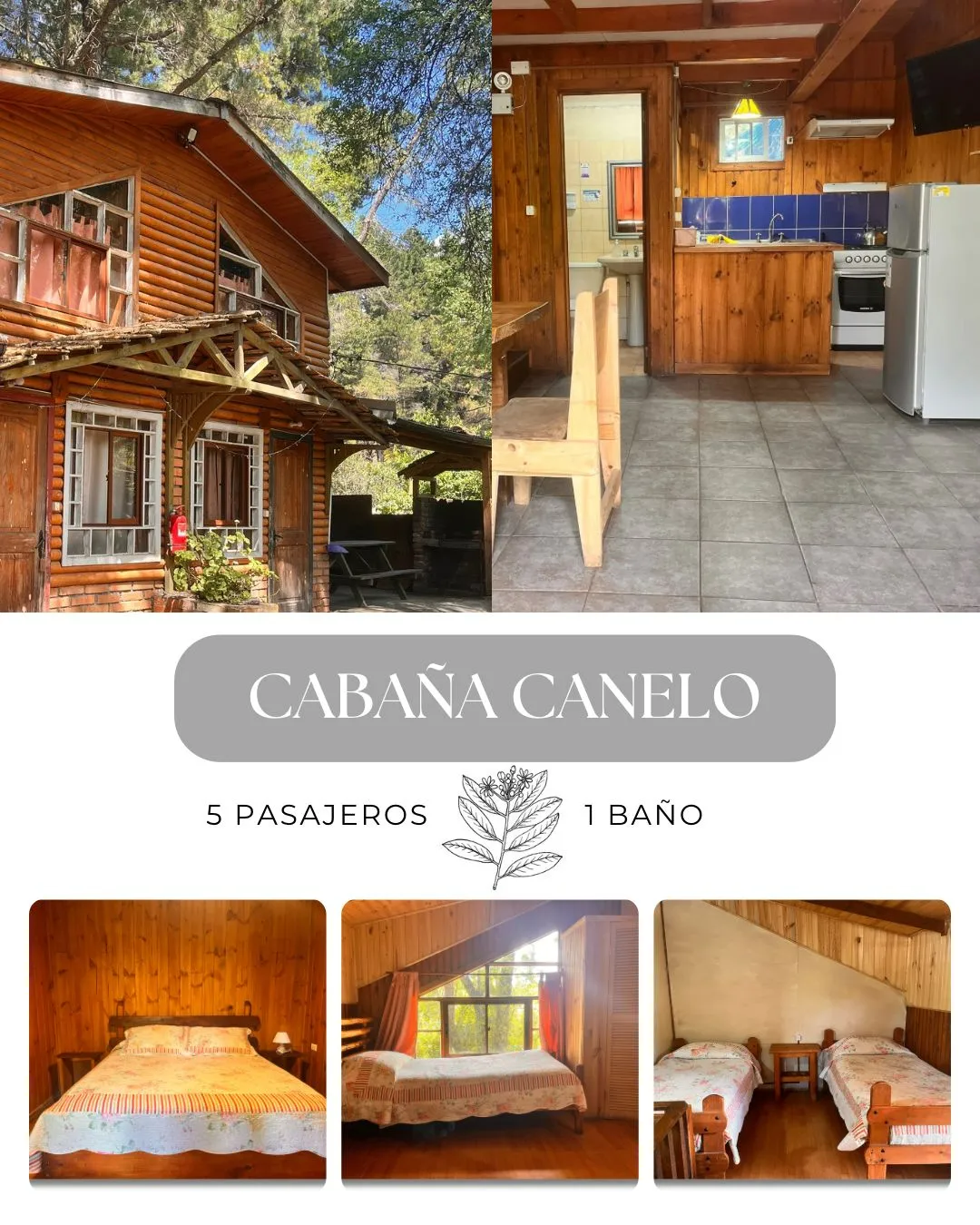 Cabaña Canelo de troncos en dos pisos con cocina y dormitorios en Los Arcos
