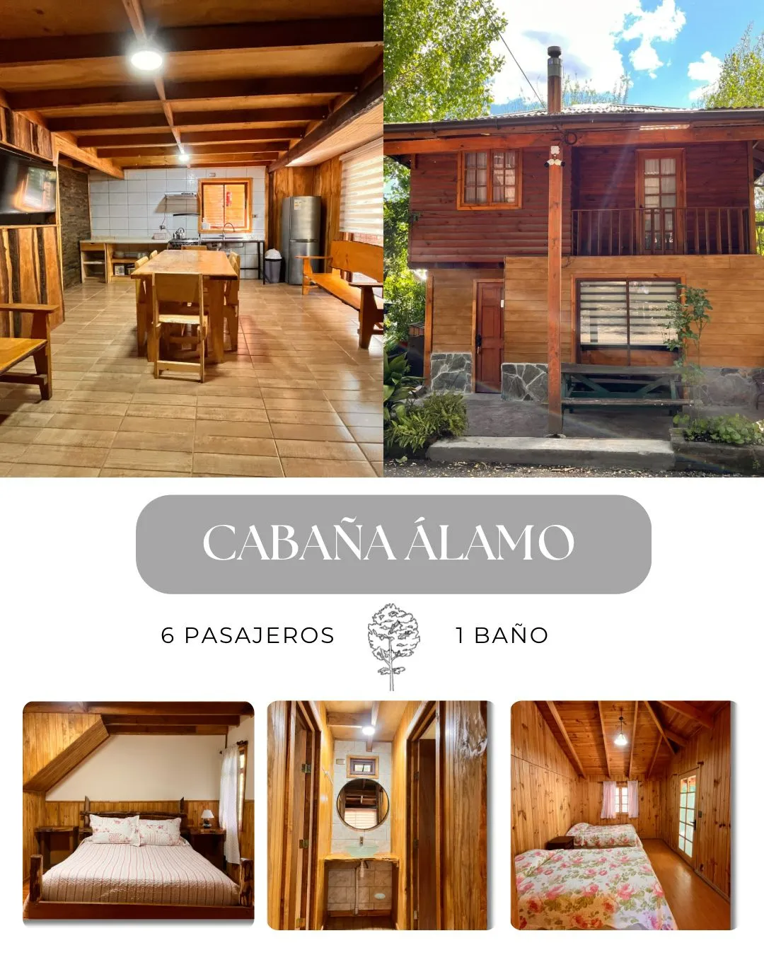 Cabaña Álamo de dos pisos con balcón, interior en madera y jardín propio